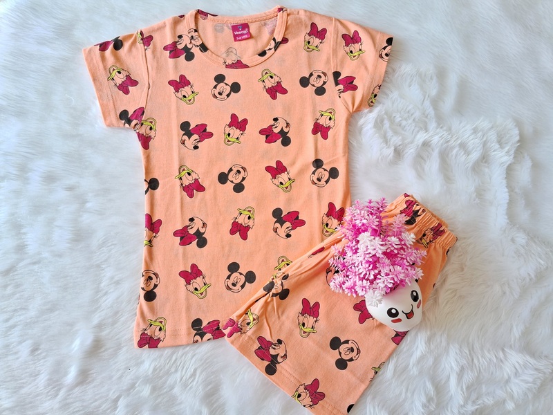 Cotton T Shirt with shorts - Orange Mickey