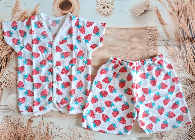 Muslin Jabla Half sleeve Set - Strawberry Muslin Jabla Half sleeve Set - Strawberry